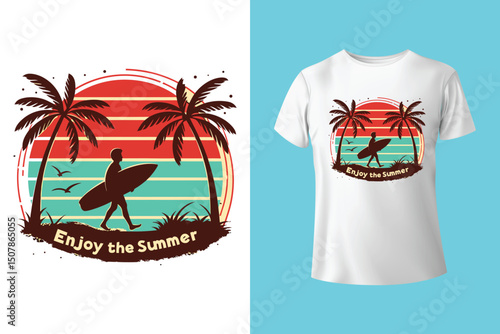 Summer Escape T-Shirt Design – Beach and Palm Tree Vector, Hot Summer Vibes – Stylish T-Shirt Graphic for Sunny Days, Beach Mood T-Shirt Art – Summer Illustration with Sun and Sea, Summer Daydream.