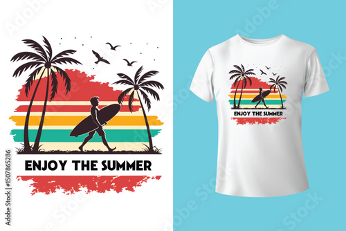 Summer Escape T-Shirt Design – Beach and Palm Tree Vector, Hot Summer Vibes – Stylish T-Shirt Graphic for Sunny Days, Beach Mood T-Shirt Art – Summer Illustration with Sun and Sea, Summer Daydream.