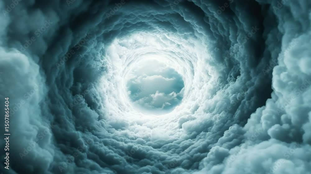 Dramatic swirling cloud formation with bright light and fluffy clouds creating mysterious sky vortex and circular tunnel effect with glowing center