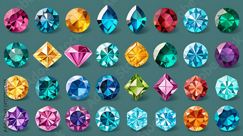 Collection of isolated gemstones by month, no gradients