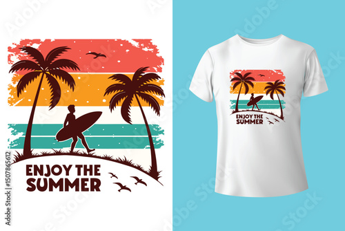 Summer Escape T-Shirt Design – Beach and Palm Tree Vector, Hot Summer Vibes – Stylish T-Shirt Graphic for Sunny Days, Beach Mood T-Shirt Art – Summer Illustration with Sun and Sea, Summer Daydream.