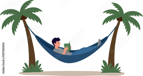 Man Relaxing in Blue Hammock Between Two Palm Trees Vector Illustration 