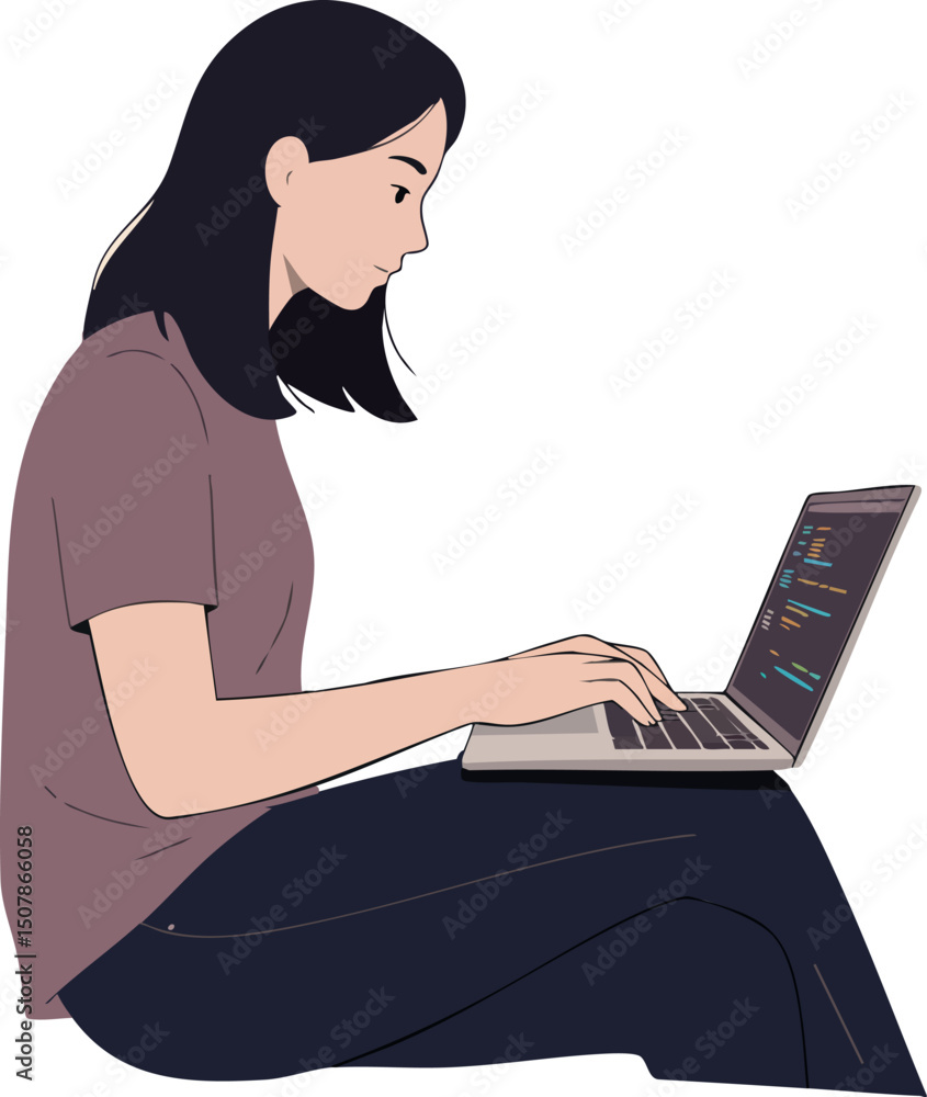 Naklejka premium Young woman programmer coding on laptop in casual clothing sitting sideways vector illustration 