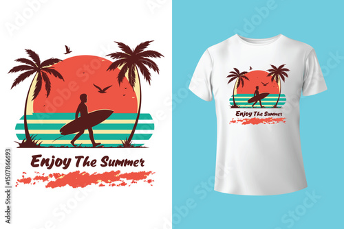 Summer Escape T-Shirt Design – Beach and Palm Tree Vector, Hot Summer Vibes – Stylish T-Shirt Graphic for Sunny Days, Beach Mood T-Shirt Art – Summer Illustration with Sun and Sea, Summer Daydream.