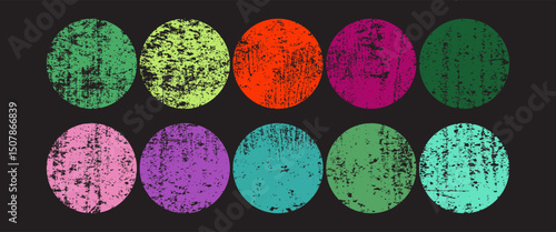 Bright colorful chalk circular shapes kit. Vector crayon circles. Grungy kids polka dot pattern with round rubber stamps. Emblem, punk style logo graphic elements set. Kindergarten art collection