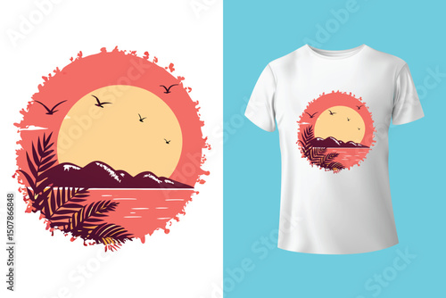 Summer Escape T-Shirt Design – Beach and Palm Tree Vector, Hot Summer Vibes – Stylish T-Shirt Graphic for Sunny Days, Beach Mood T-Shirt Art – Summer Illustration with Sun and Sea, Summer Daydream.