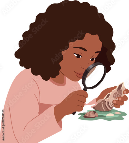 Young girl examining seashells with magnifying glass educational hobby vector illustration 