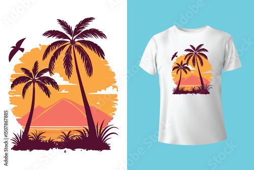 Summer Escape T-Shirt Design – Beach and Palm Tree Vector, Hot Summer Vibes – Stylish T-Shirt Graphic for Sunny Days, Beach Mood T-Shirt Art – Summer Illustration with Sun and Sea, Summer Daydream.