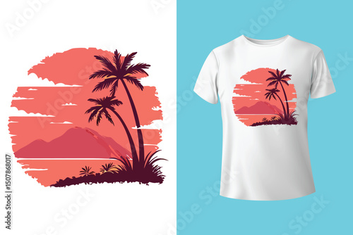 Summer Escape T-Shirt Design – Beach and Palm Tree Vector, Hot Summer Vibes – Stylish T-Shirt Graphic for Sunny Days, Beach Mood T-Shirt Art – Summer Illustration with Sun and Sea, Summer Daydream.