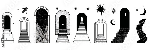 Minimal Vector Logo Design with Mystical Symbols � Entrances, Doors, Windows, Steps and Staircases