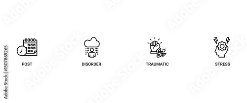 PTSD banner web icon set vector illustration concept of post, traumatic, stress and disorder with icon of calendar, time, rocket attack, war, house on flame, headache and disability