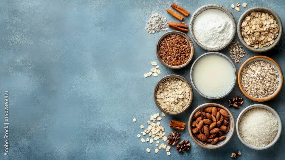 Flatlay of Bowls of Healthy Breakfast Ingredients on Blue Background Flatlay of Bowls of Healthy Breakfast Ingredients on Blue Background