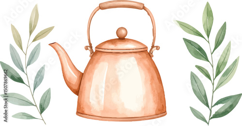 An old copper teapot is kept separately and the teapot is ready for brewing tea or hot drinks.
