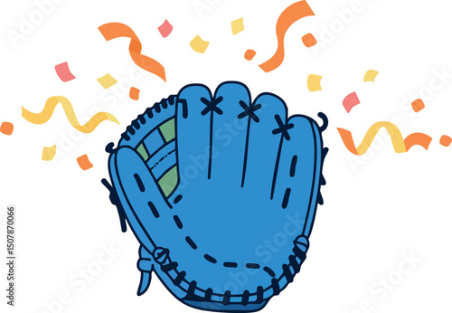 Blue Baseball Glove with Confetti Celebration Vector Illustration for Sports and Leisure 
