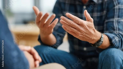 Mature man plaid shirt and watch uses expressive hand gesture during serious conversation indoors, focusing communication, support, and advice close up of hands gesturing highlights mature male�s
