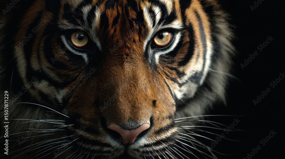 Fototapeta premium Tiger face close up with striking eyes and dark background.