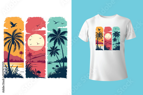 Summer Escape T-Shirt Design – Beach and Palm Tree Vector, Hot Summer Vibes – Stylish T-Shirt Graphic for Sunny Days, Beach Mood T-Shirt Art – Summer Illustration with Sun and Sea, Summer Daydream.