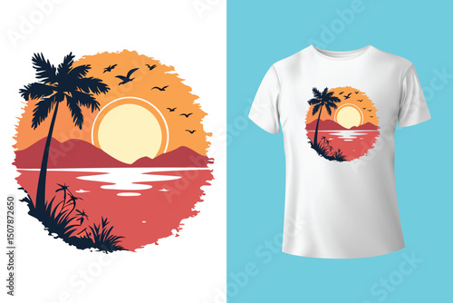 Summer Escape T-Shirt Design – Beach and Palm Tree Vector, Hot Summer Vibes – Stylish T-Shirt Graphic for Sunny Days, Beach Mood T-Shirt Art – Summer Illustration with Sun and Sea, Summer Daydream.