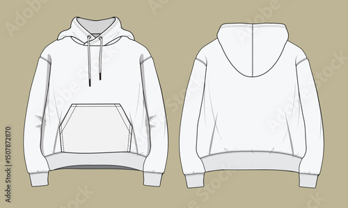 Man's Kangaroo pocket long sleeve hooded sweat shit with Drawstring Flat sketch . Front and Back view..