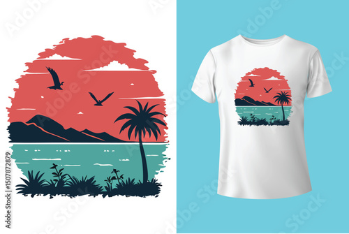 Summer Escape T-Shirt Design – Beach and Palm Tree Vector, Hot Summer Vibes – Stylish T-Shirt Graphic for Sunny Days, Beach Mood T-Shirt Art – Summer Illustration with Sun and Sea, Summer Daydream.