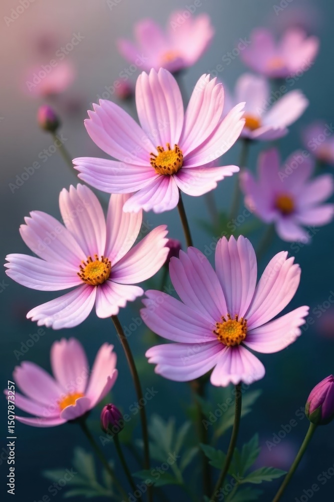 Fototapeta premium Delicate purple & white cosmos blossoms, soft focus floral background, illustration, soft