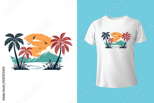 Summer Escape T-Shirt Design – Beach and Palm Tree Vector, Hot Summer Vibes – Stylish T-Shirt Graphic for Sunny Days, Beach Mood T-Shirt Art – Summer Illustration with Sun and Sea, Summer Daydream.