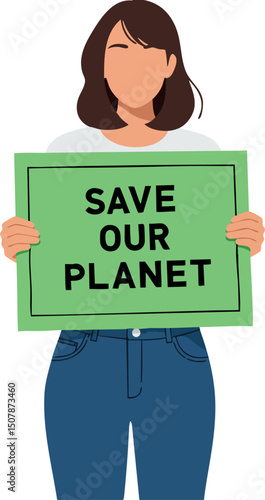 Woman holding save our planet sign environmental awareness activism illustration vector 