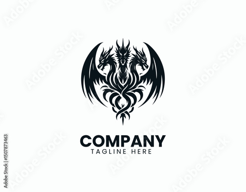 Mystical Three-Headed Dragon Emblem Illustration Vector Logo Design