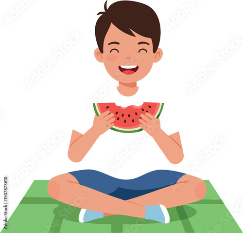 Boy eating watermelon sitting cross-legged on green mat happy summer snack vector illustration 
