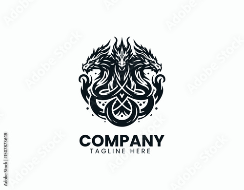 Mystical Three-Headed Dragon Emblem Illustration Vector Logo Design