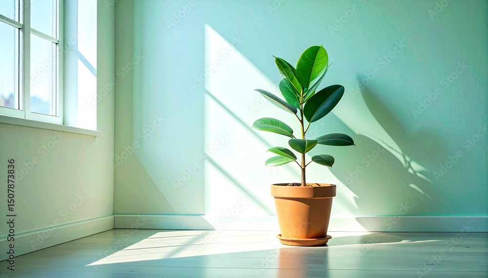 Fototapeta premium A rubber plant in a clay pot in the room