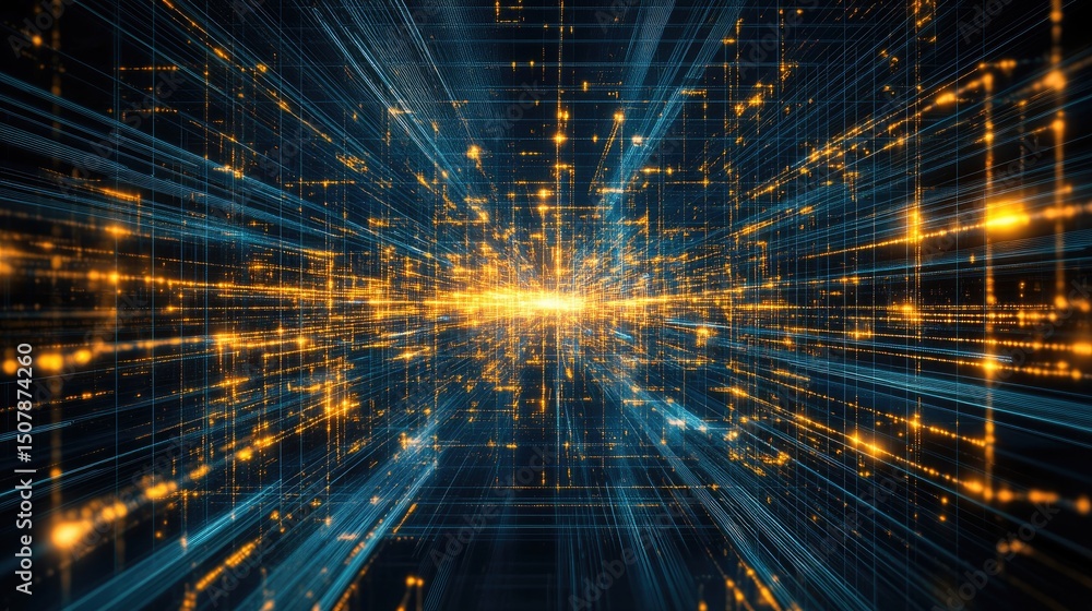 A digital network pattern of converging lines and glowing particles. A digital network pattern of converging lines and glowing particles.