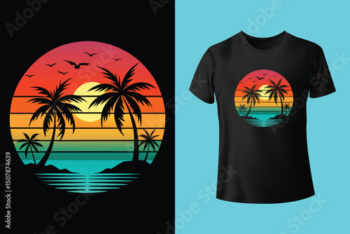 Summer Escape T-Shirt Design – Beach and Palm Tree Vector, Hot Summer Vibes – Stylish T-Shirt Graphic for Sunny Days, Beach Mood T-Shirt Art – Summer Illustration with Sun and Sea, Summer Daydream.