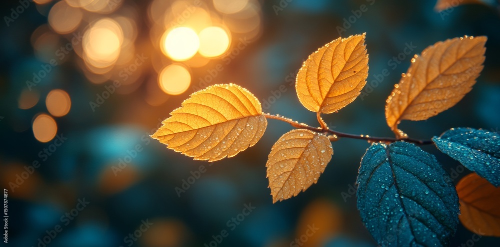 Obraz premium Captivating Autumn Leaves with Dew Drops Nature Scene Outdoor Photography Soft Lighting Macro View Seasonal Beauty