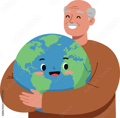 Elderly man hugging happy earth globe environmental care illustration vector 