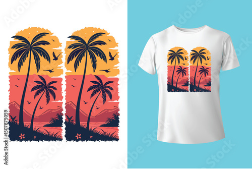 Summer Escape T-Shirt Design – Beach and Palm Tree Vector, Hot Summer Vibes – Stylish T-Shirt Graphic for Sunny Days, Beach Mood T-Shirt Art – Summer Illustration with Sun and Sea, Summer Daydream.