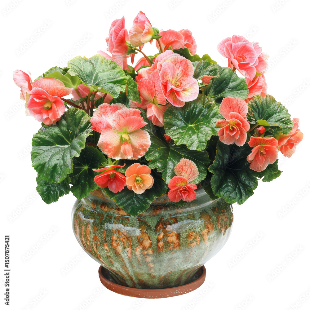 Obraz premium Begonia In A Pot. Floral Arrangement With Orange Begonia Flowers And Green Leaves On White.