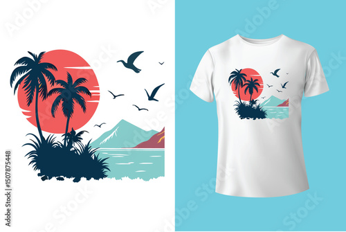 Summer Escape T-Shirt Design – Beach and Palm Tree Vector, Hot Summer Vibes – Stylish T-Shirt Graphic for Sunny Days, Beach Mood T-Shirt Art – Summer Illustration with Sun and Sea, Summer Daydream.