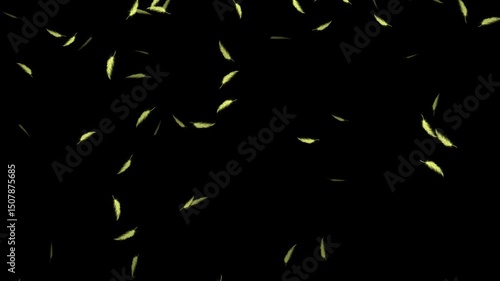 Yellow leaves gently falling against a dark background, creating a serene and tranquil atmosphere