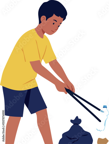 Boy Picking Up Trash with Grabber Tool Environmental Cleanup Activity Vector Illustration 