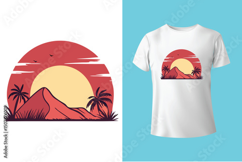 Summer Escape T-Shirt Design – Beach and Palm Tree Vector, Hot Summer Vibes – Stylish T-Shirt Graphic for Sunny Days, Beach Mood T-Shirt Art – Summer Illustration with Sun and Sea, Summer Daydream.