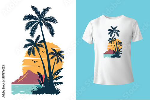 Summer Escape T-Shirt Design – Beach and Palm Tree Vector, Hot Summer Vibes – Stylish T-Shirt Graphic for Sunny Days, Beach Mood T-Shirt Art – Summer Illustration with Sun and Sea, Summer Daydream.