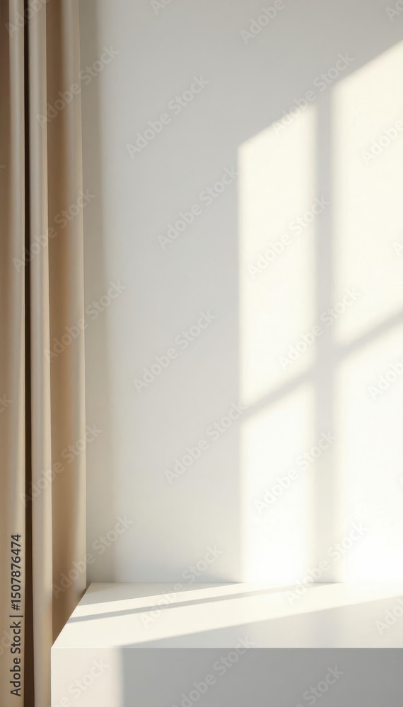 Fototapeta premium Bright white wall, shadow, beige curtain, stone tabletop Blank space, minimalist design , aesthetic, design template