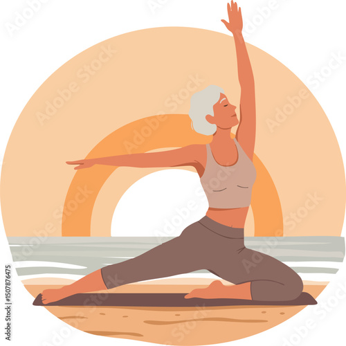 Woman practicing yoga pose on beach with sunset background vector illustration 
