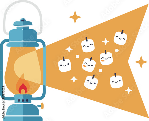 Vintage Lantern Casting Light with Cute Halloween Pumpkin Faces Vector Illustration 