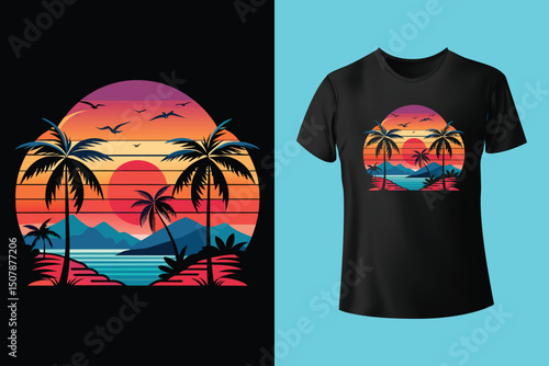 Summer Escape T-Shirt Design – Beach and Palm Tree Vector, Hot Summer Vibes – Stylish T-Shirt Graphic for Sunny Days, Beach Mood T-Shirt Art – Summer Illustration with Sun and Sea, Summer Daydream.