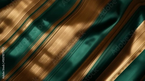 Flowing Emerald and Gold Fabric: Abstract Textile Motion with Elegant Stripes