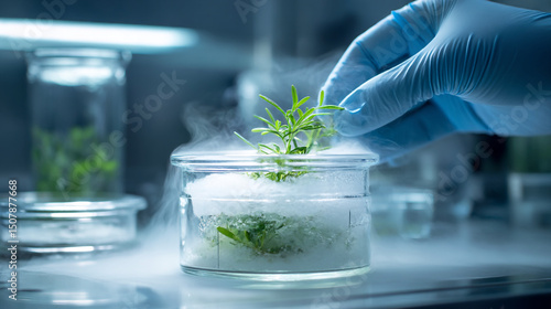 A gloved hand tending to a plant growing in a glass jar with vapor in a laboratory setting with other jars