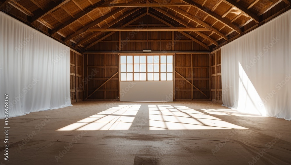 Fototapeta premium Spacious wooden warehouse interior with natural light and white curtains