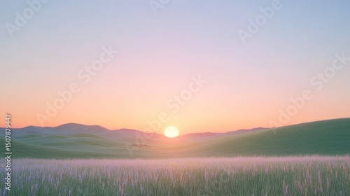 Serene Sunset over Rolling Hills and Lavender Fields